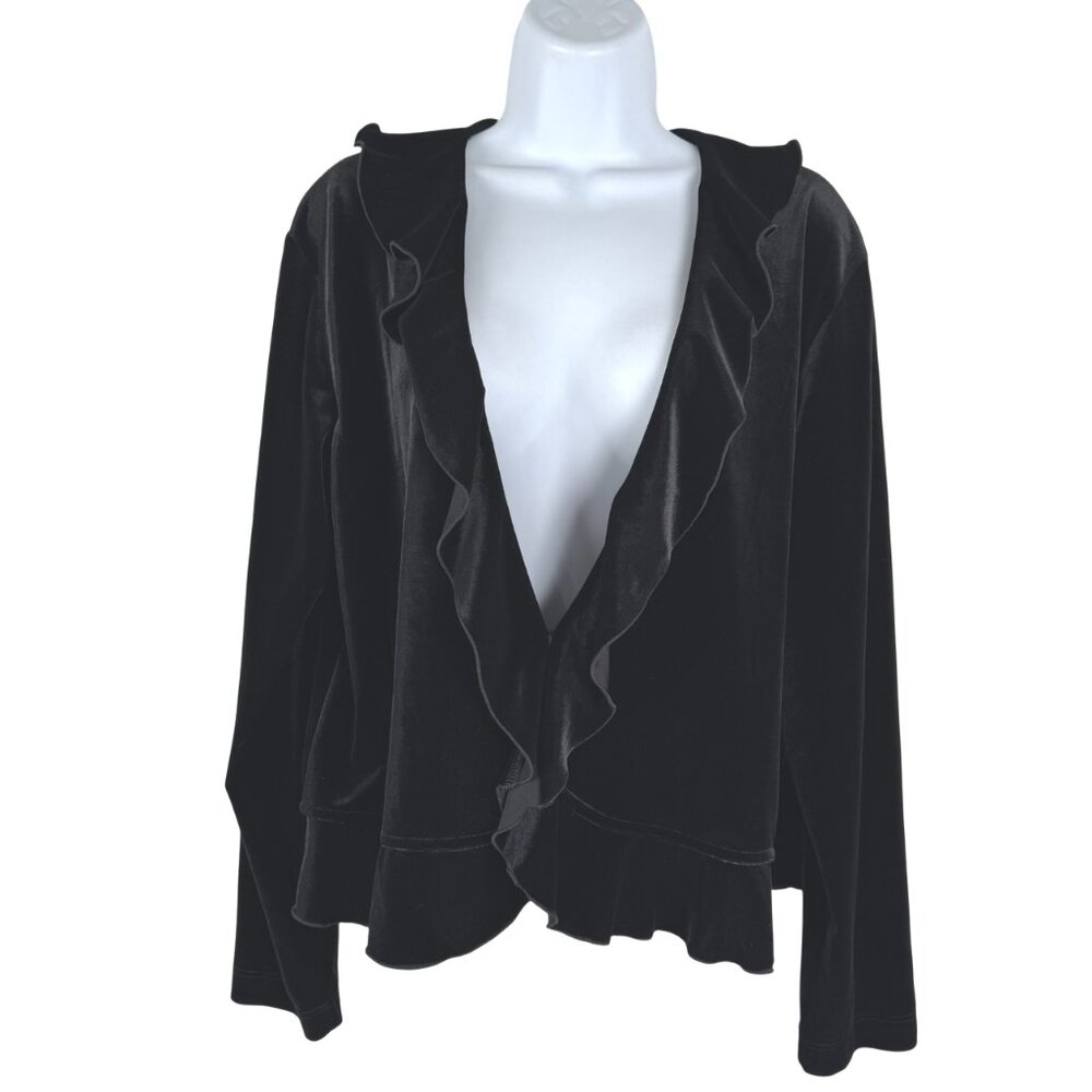 Chico's Velvet Ruffle Cardigan Size 2 Black Long Sleeve Whimsigoth‎ CJ-2337